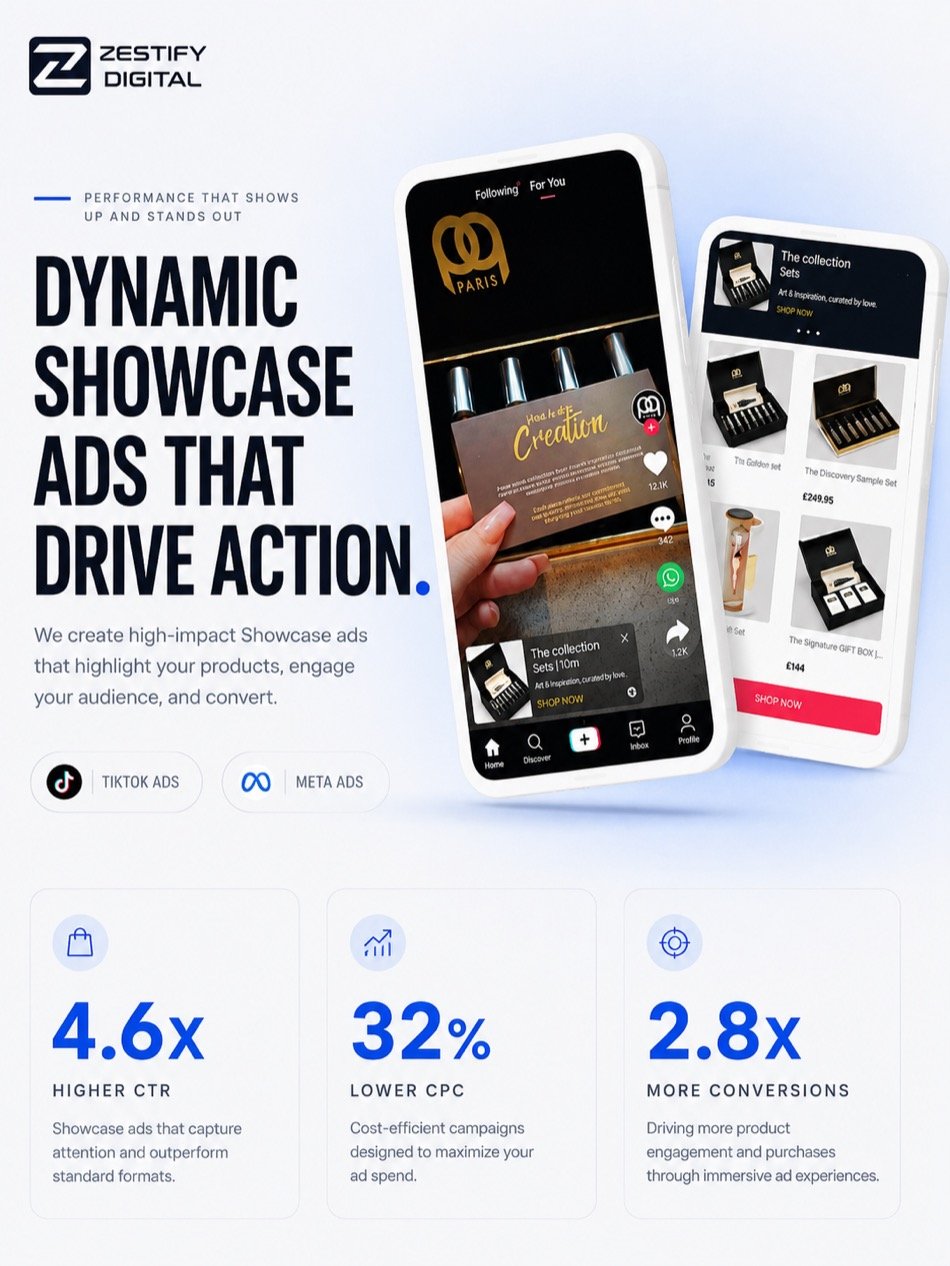 Dynamic Showcase Ads poster — 4.6x higher CTR, 32% lower CPC